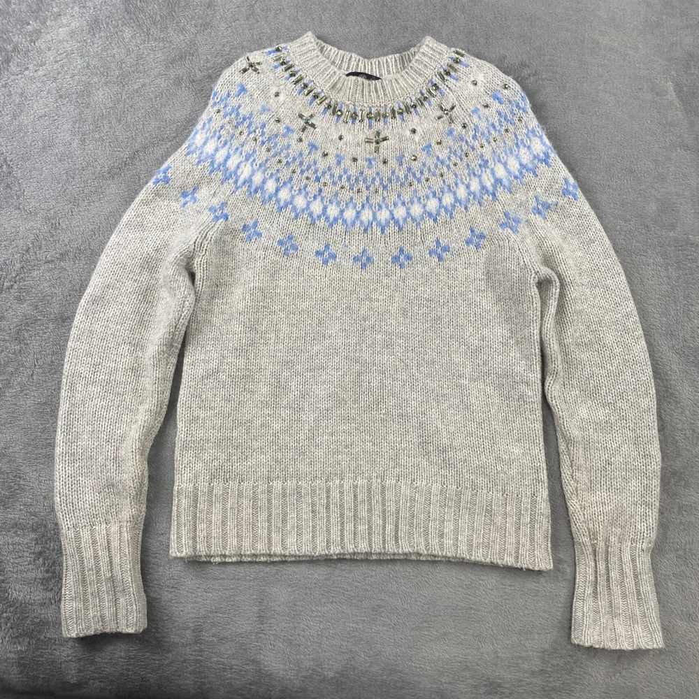 J.Crew Sweater Womens XS Grey Jeweled Embellished Fair Isle Crewneck Lambswool